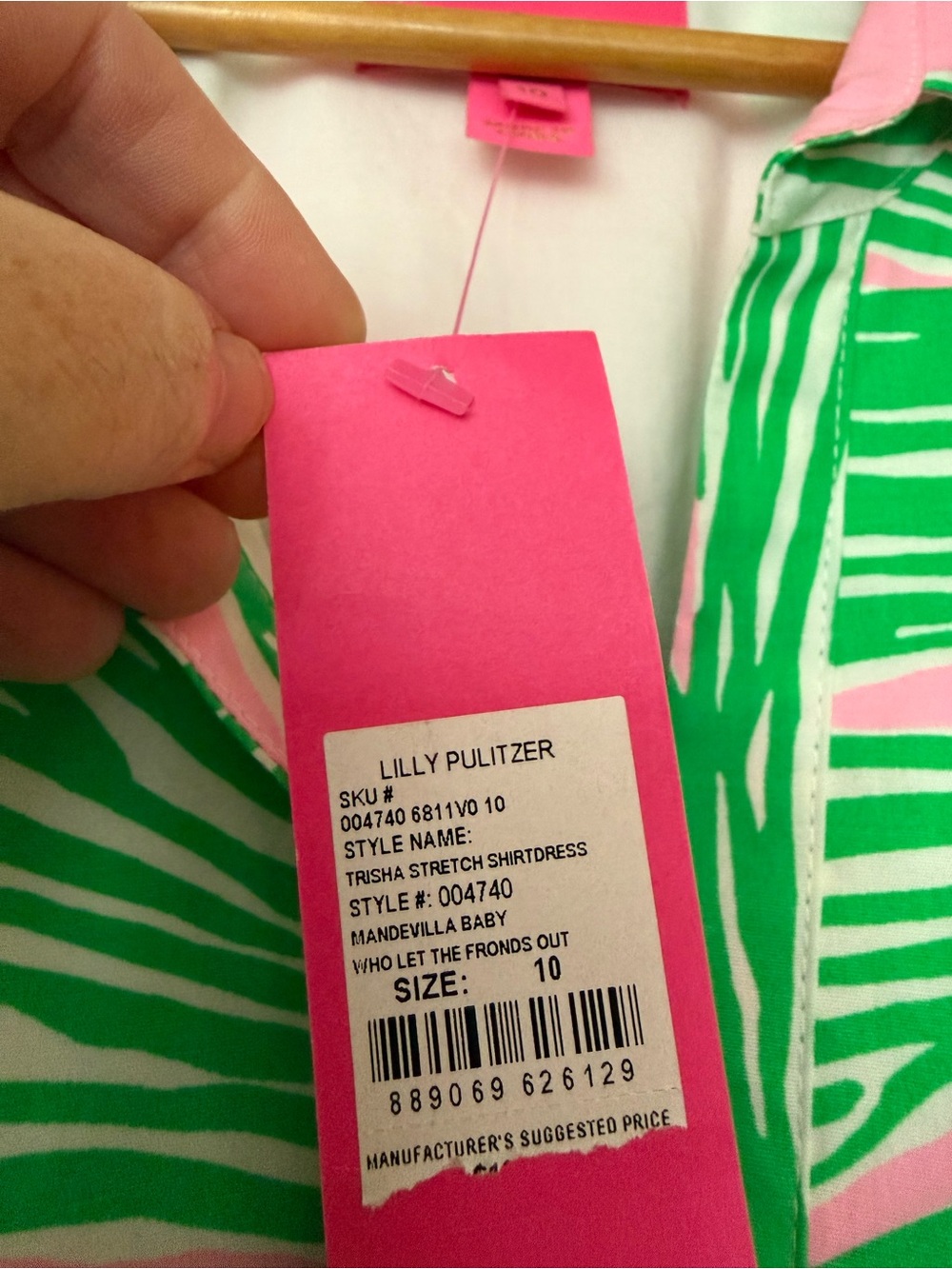NWT Lilly Pulitzer Pink/Green Trisha Stretch Shirtdress: Who Let the Fronds Out - Picture 3 of 11